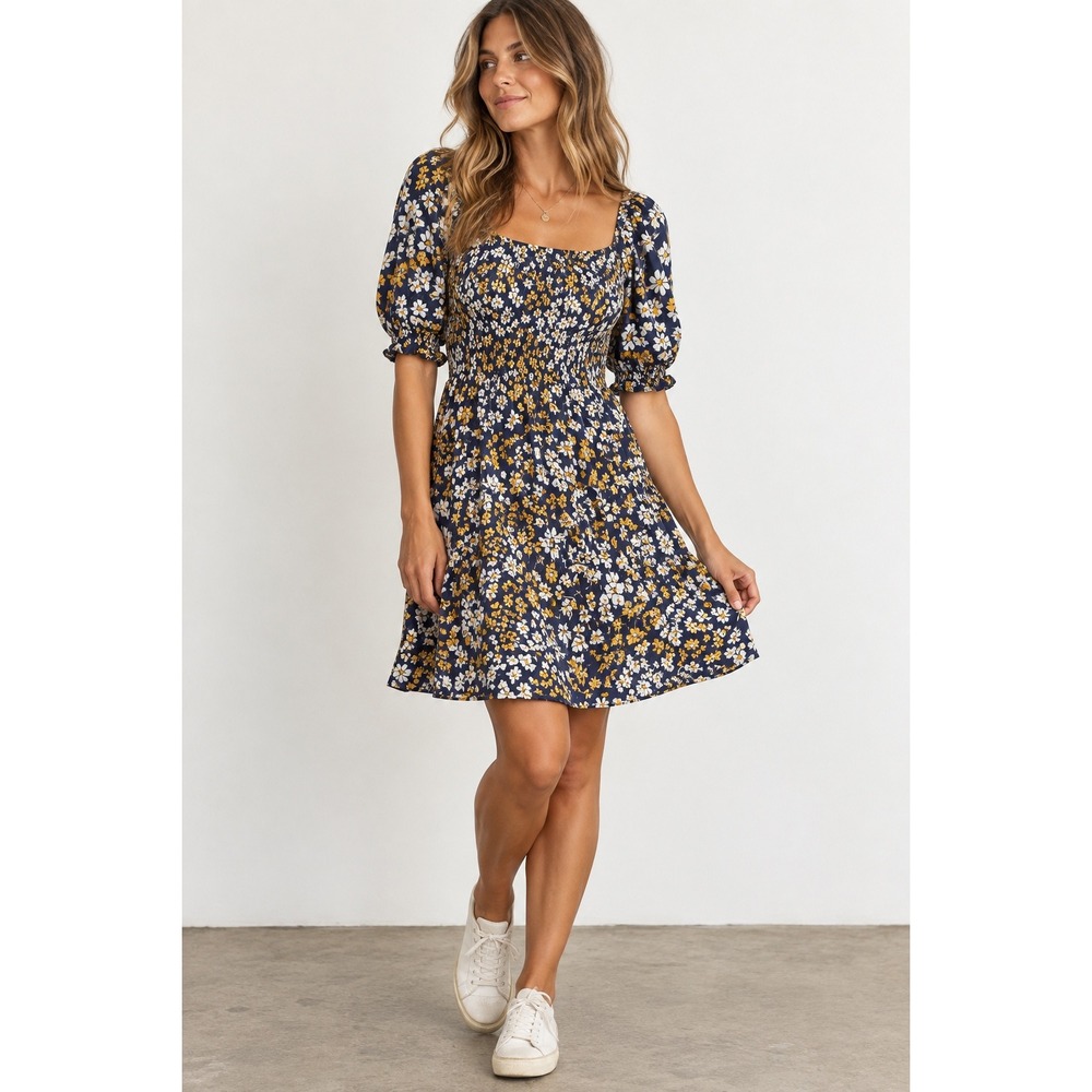 Draper James Navy Floral Smocked Puff Sleeve Mini Dress 2X Cottagecore Summer